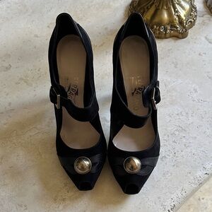 Salvatore Ferragamo Black Peep-Toe Heels with Buckle